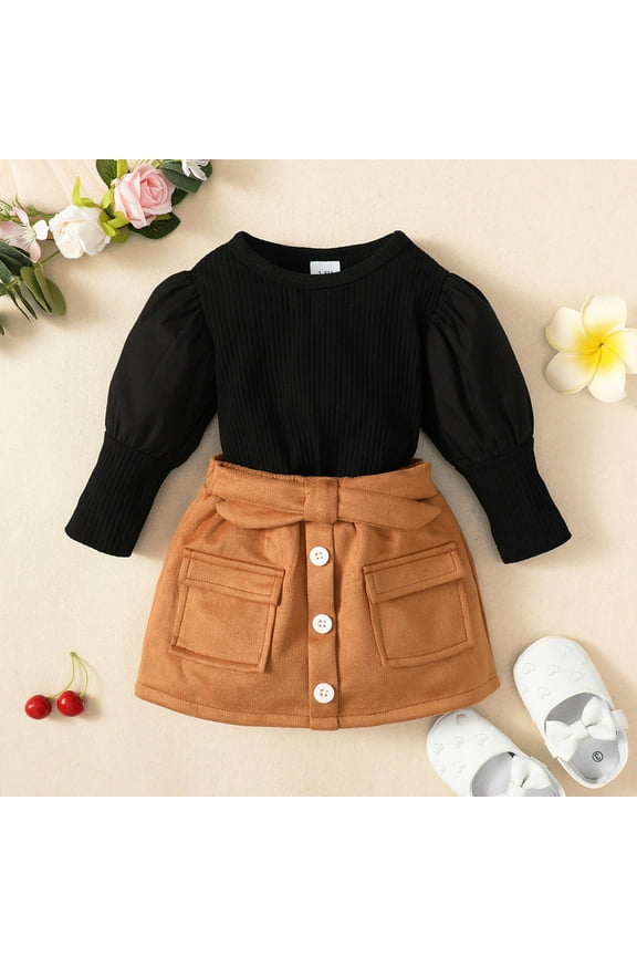 Fall Outfits For Toddler Kids Baby Girls Long Bubble Sleeve Ribbed Solid Sweater Tops Blouse Patchwork Skirt Outfit Clothes Set 2Pcs Outfits Set