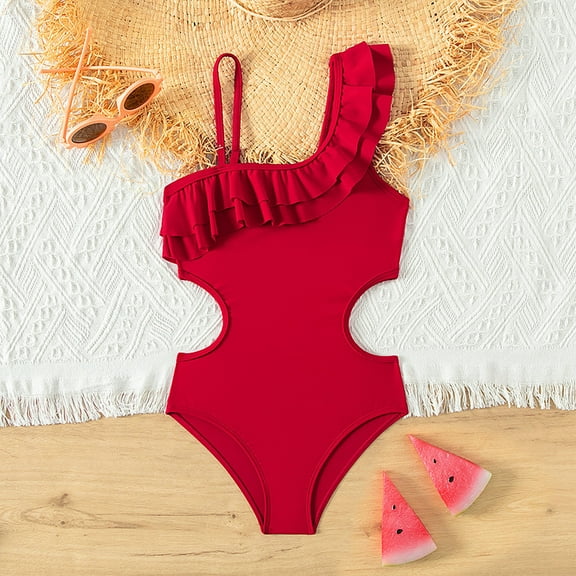 ZMHEGW Girls One Piece Swimsuits One Shoulder Ruffle Red Swimwear Solid Bathing Suit for Kids