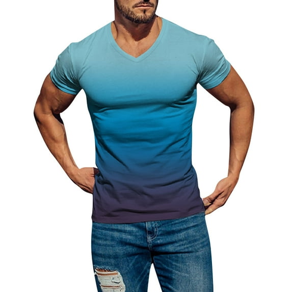 ZMHEGW Mens Spring Summer Casual Sports Comfortable Soft Gradient Solid Color Slim Short Sleeve V Neck T Shirt