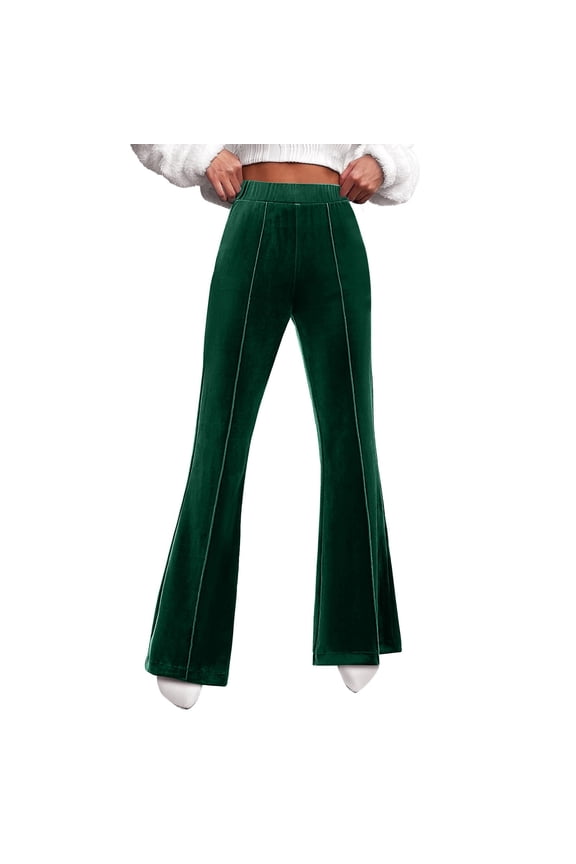 Pants For Women Trendy Flare Velvet High Waisted Wide Leg Stretch Elastic Waist Pull On Front Seam Slacks Trousers