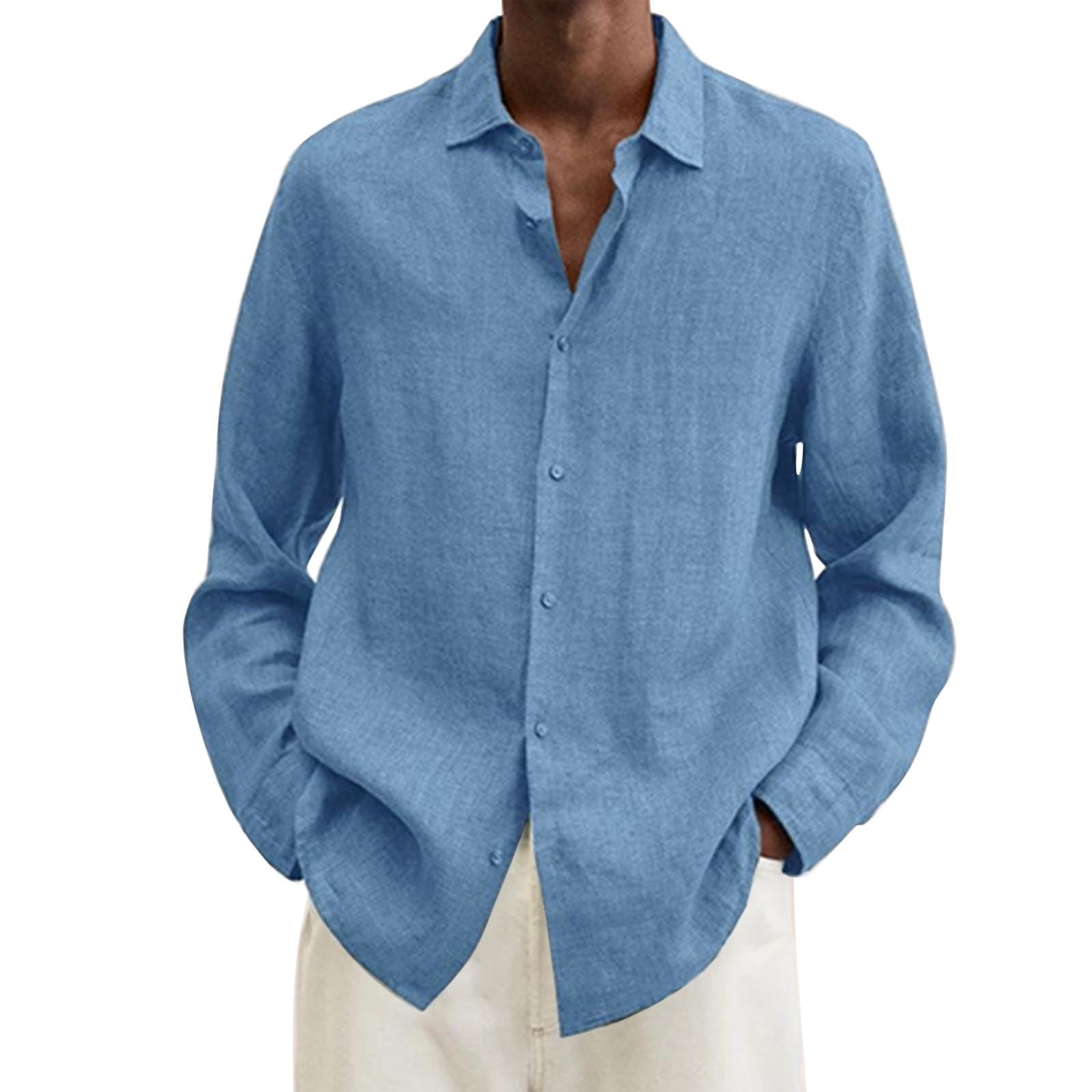 ZMHEGW Shirts For Men Summer Cotton Linen Solid Plus Size Loose Turn Down  Collar Long Sleeve Male Tops Light Blue XXL