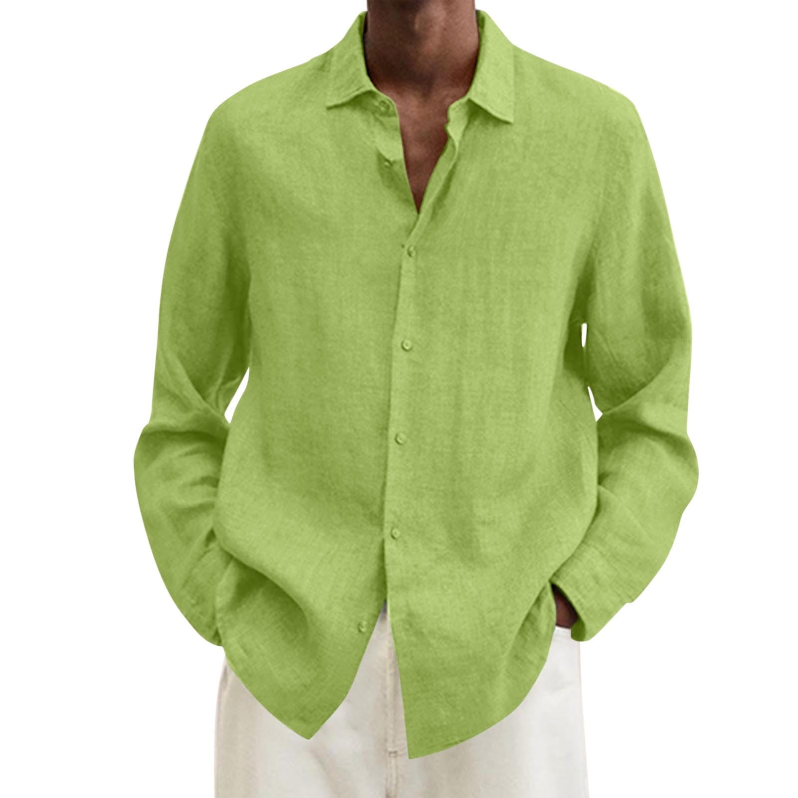 ZMHEGW Mens Shirts Summer Cotton Linen Solid Plus Size Loose Turn Down  Collar Long Sleeve Male Top Khaki XXXL 