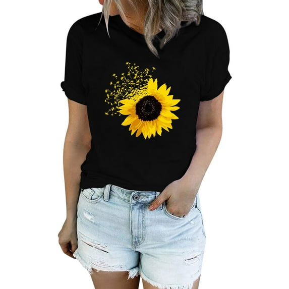 ZMHEGW Women T Shirts Loose Fit Sunflower Shirts For Cute Dandelion Graphics Summer Short Sleeve Tee Tops Tshirt For Women 2023