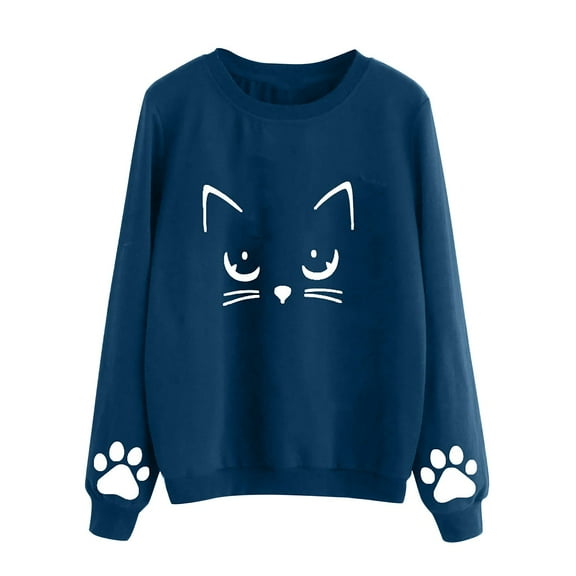 ZMHEGW Sweatshirt for Women Trendy Ladies Casual Cat Print Round Neck Sweater Loose Long Sleeve Pullover Top