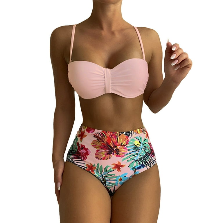 ZMHEGW Swimsuit Women Tummy Control Bikini Sets High Waisted Two Piece  Floral Print Halter Swimwear