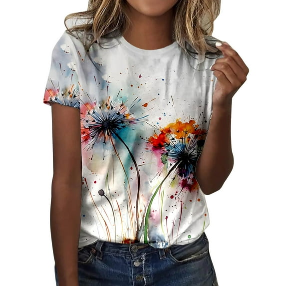 ZMHEGW T Shirts For Women Graphic Summer Casual Fashion Round Neck Short Sleeve Flower Butterfly Print Top Tshirts