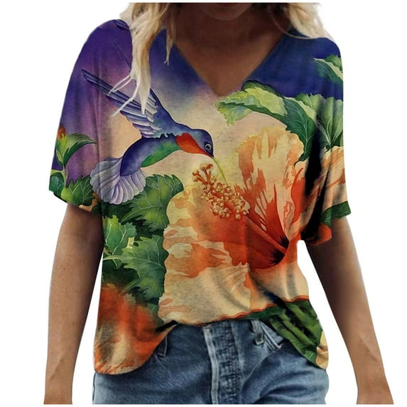 ZMHEGW T Shirts For Women Graphic Trendy Scenic Round Size Casual Tops Neck Plus Flowers Fashion Printing Blouse Tshirts