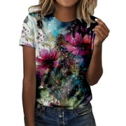 ZMHEGW T Shirts For Women Graphic Trendy Summer Casual Fashion Round Neck Short Sleeve Flower Butterfly Print Top Tshirts