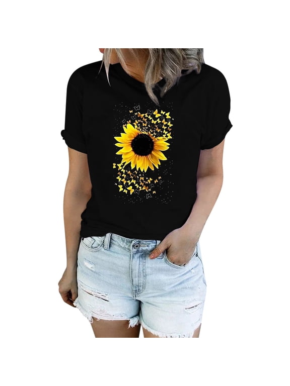 T Shirts For Women Graphic Trendy Sunflower Shirts For Cute Dandelion Graphics Summer Short Sleeve Tee Tops Tshirt For Women 2023