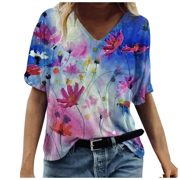 ZMHEGW T Shirts For Women Graphic Vintage Printed Sleeve Casual Short Tops Summer Fashion Tee V Neck Blouse Tshirts