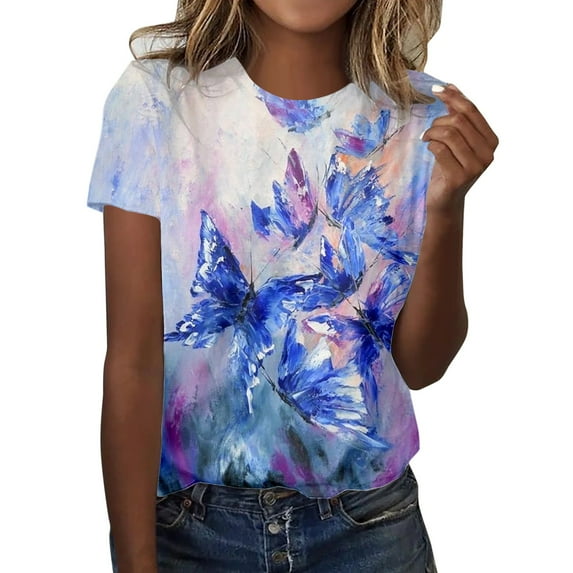 ZMHEGW T Shirts For Women Loose Fit Fashion Casual Top Shirt Short Sleeve Round Neck Printed Elegant Loose Soft Top Blouse Tshirts