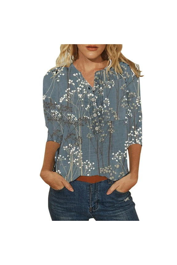 T Shirts For Women Trendy Flower Feather Printing Buttons O Neck Three Quarter Sleeve Tops Blouse Womens Tshirts