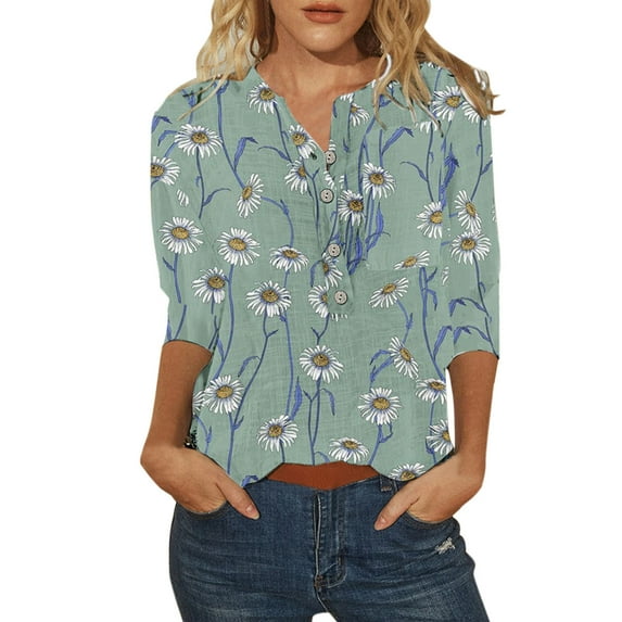 ZMHEGW T Shirts For Women Trendy Graphic Floral Polka Dots Printing Buttons O Neck Three Quarter Sleeve Tops Blouse Women'S Tshirts