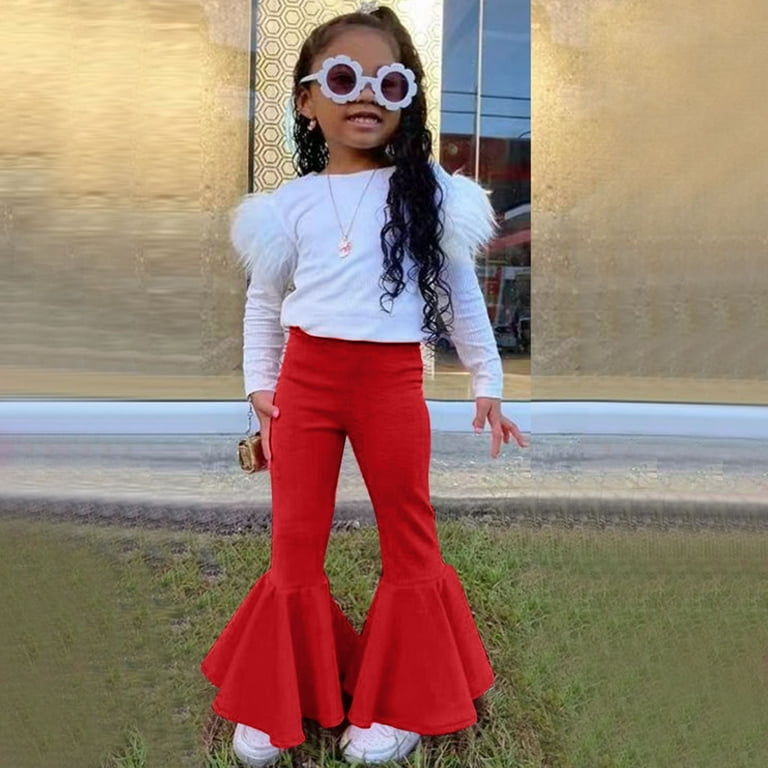 ZMHEGW Toddler Fall Outfits Girls Long Sleeve Solid Ribbed T Shirt Tops  Bell Bottoms Flare Pants Outfits Set