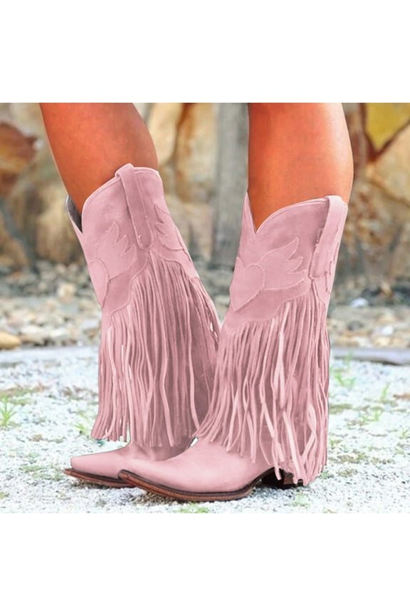 Women Boots Comtable Pull On Heel Pointed Toe Fringed Western Knee High Mid Boots Shoes