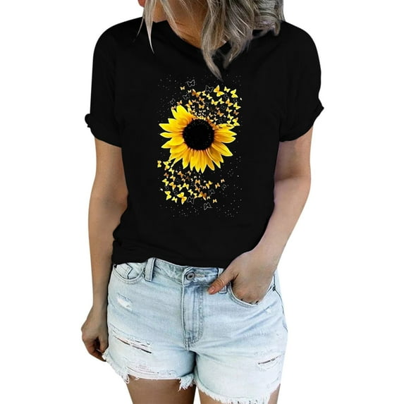 ZMHEGW Women T Shirts Loose Fit Sunflower Shirts For Cute Dandelion Graphics Summer Short Sleeve Tee Tops Womens Tshirts