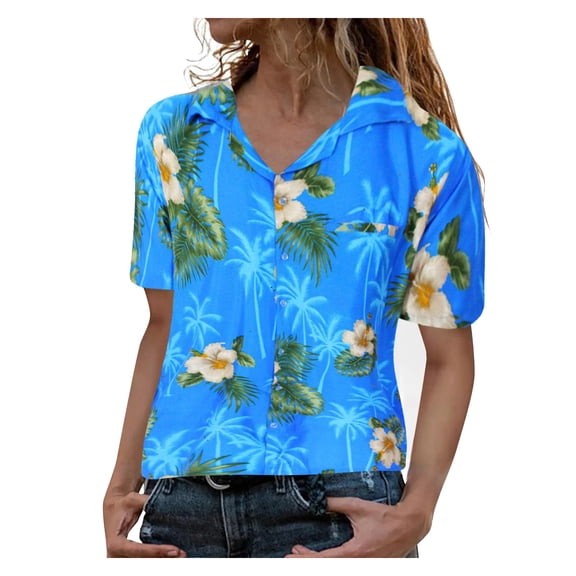 ZMHEGW Women's Funky Hawaiian Shirt Blouse Frontpocket Leaves Flowers Palm Print Top