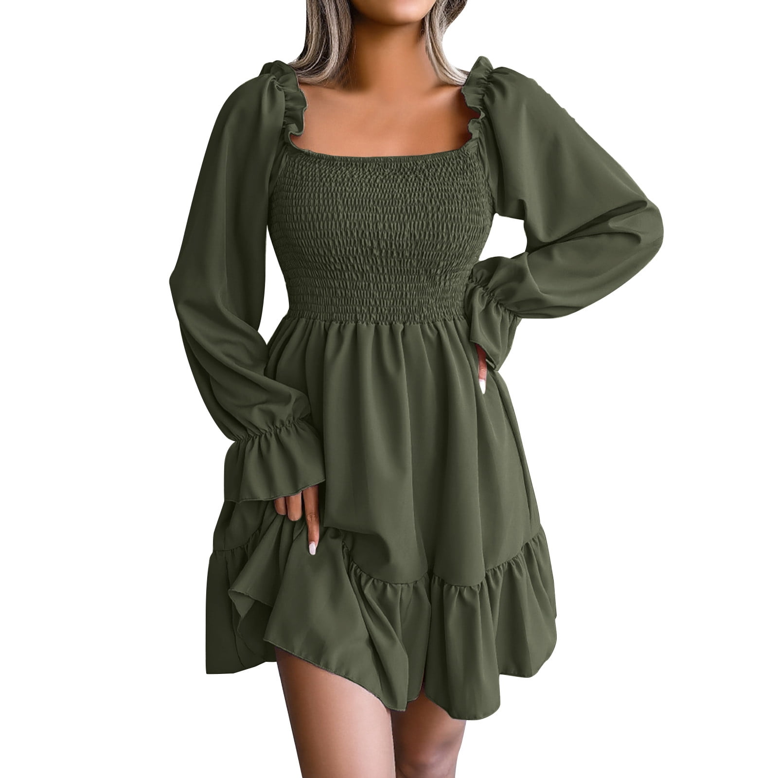 ZMHEGW Womens Dresses Ladies Flared Long Sleeve Pleated Square Neck Ruffle Swing Holiday Clothes Female Boho Dress Vestido De Mujer