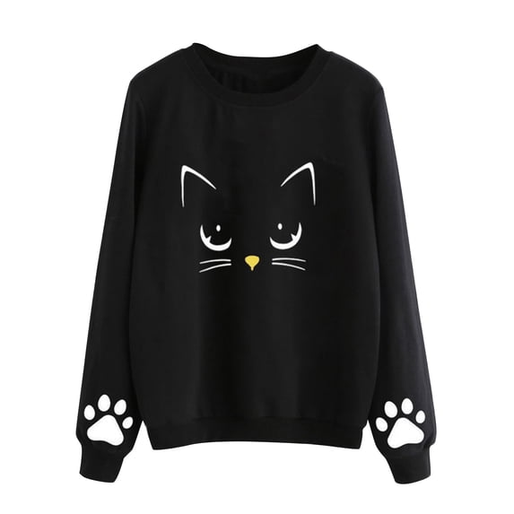 ZMHEGW Womens Sweatshirt Graphic Ladies Casual Cat Print Round Neck Sweater Loose Long Sleeve Pullover Tops
