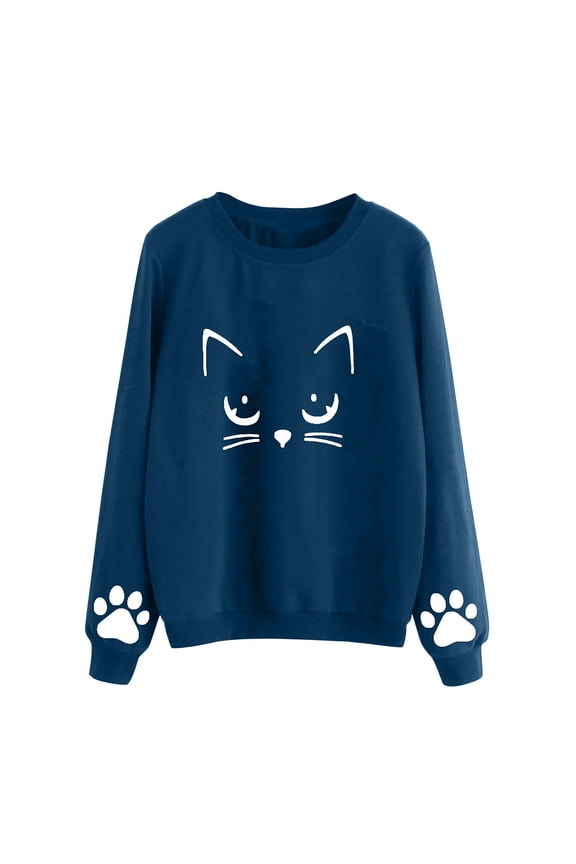 Womens Sweatshirts No Hood Ladies Casual Cat Print Round Neck Sweater Loose Long Sleeve Pullover Top