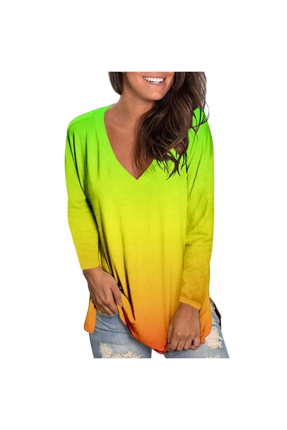 Womens T Shirts Loose Autumn Winter V Neck Gradient Printed Long Sleeve T-Shirts Women Graphic Top