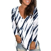 ZMHEGW Womens T Shirts Loose Autumn Winter V Neck Tie Dye Printed Long Sleeve T-Shirts For Women Top