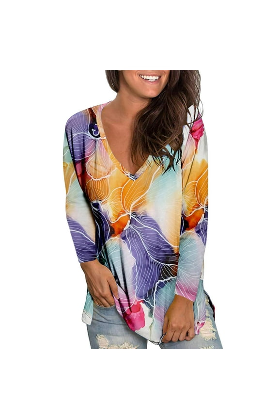 ZMHEGW Womens T Shirts Loose V Neck Flower Printed Long Sleeve Printed T-Shirts For Women Top