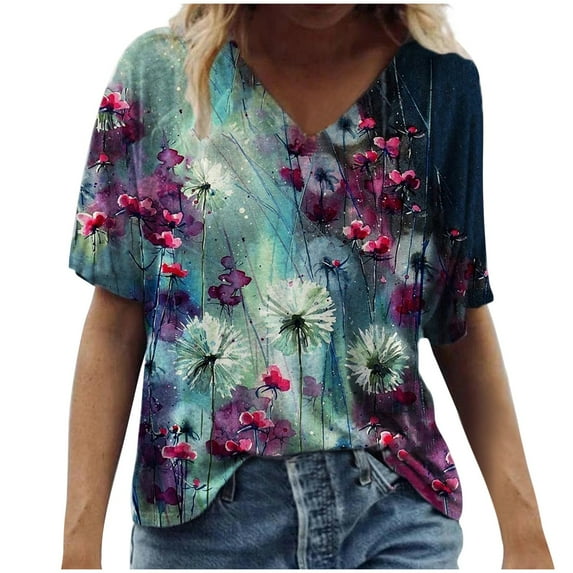 ZMHEGW Womens T Shirts Trendy Graphic Tops Scenic Size Printing Fashion Round Plus Neck Flowers Casual Blouse Tshirts