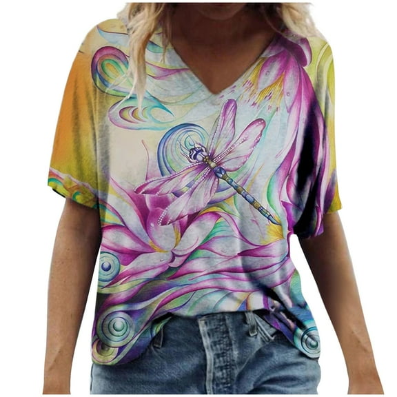ZMHEGW Womens T Shirts Trendy Scenic Round Size Casual Tops Neck Plus Flowers Fashion Printing Blouse Tshirts