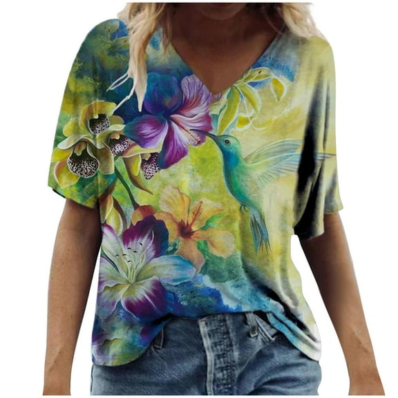 ZMHEGW Womens T Shirts Trendy Scenic Round Size Casual Tops Neck Plus Flowers Fashion Printing Blouse Tshirts