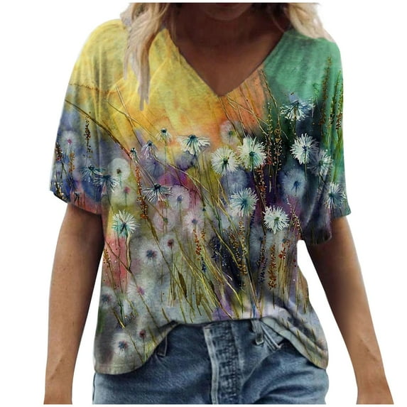 ZMHEGW Womens T Shirts Trendy Tops Scenic Size Printing Fashion Round Plus Neck Flowers Casual Blouse Tshirts