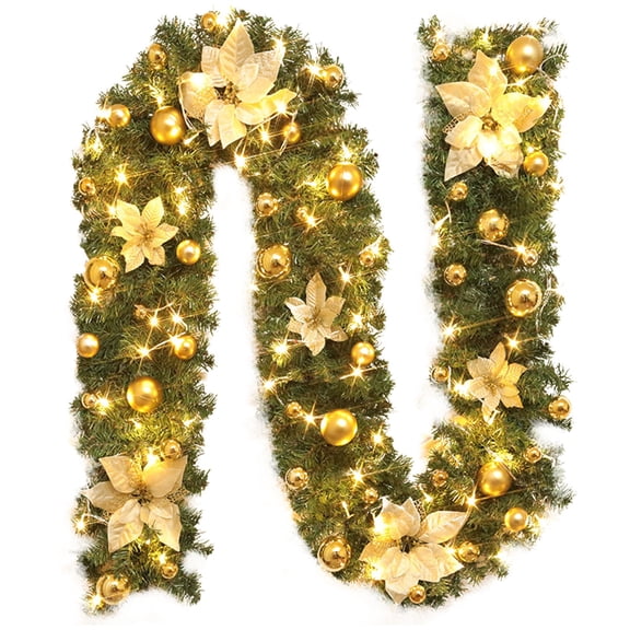 ZMKIAG 2.7m Christmas Stairs Decoration with Rattan Flowers - Natural Rattan Christmas Tree and Festival Door Decor, Rustic Holiday Home Accent for Staircase and Wall Display