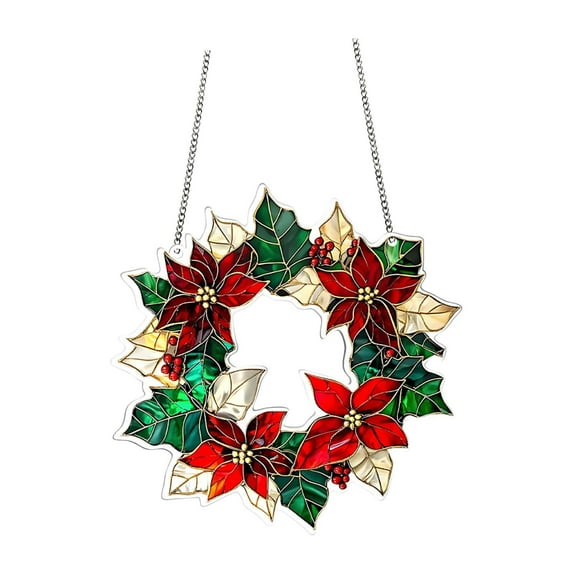 ZMKIAG 2D Flat Acrylic Christmas Green Holly & Red Flowers Berries Garland - Lightweight Door and Window Decoration with Bow Wreath Design, Modern Holiday Accent for Festive Styling