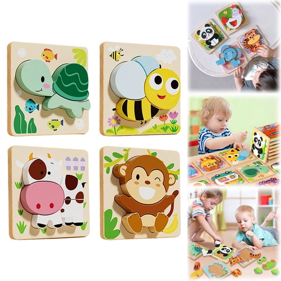ZMKIAG 4-Pack Wooden Animal Puzzles for Toddlers 1-3 Years Old, Educational Recognition Learning Toys for ππΌππ and ππΆπΏπΉπ, Early Childhood Development Toys with Bright Color Designs