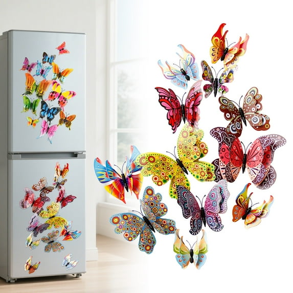 ZMKIAG Butterfly Refrigerator Decals, 12 PCS 3D Lifelike Plastic Magnetic Double Layer Butterfly Decorations, Reusable DIY Art Decor Crafts for Party Offices Bedroom Room Sticker Set