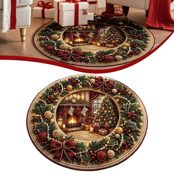 ZMKIAG Christmas 3D Illusion Rug Round Optical Illusion Holiday Floor Mat Quilt Style Circular Area Rug Xmas Festive Home Decor for Fireplace Entryway Living Room