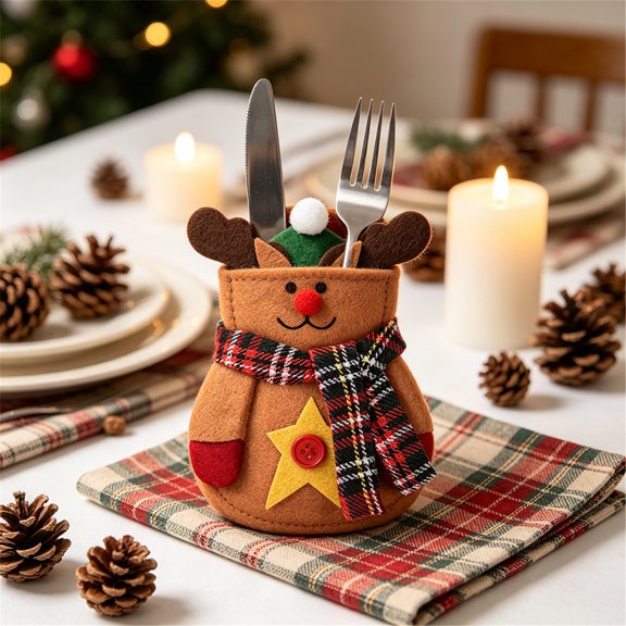 ZMKIAG Christmas Silverware Holders, Felt Bear Cutlery Pockets for forks and Spoons, Xmas Party Dinner Table Decorations, Dinnerware, Flatware Decor and Party Supplies