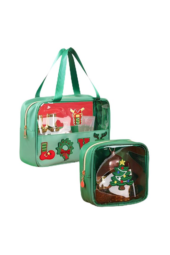 Christmas Themed Zippered Nylon Organizer with Transparent Front Window, Travel Makeup Bag for Women with Holiday Design and Multiple Compartments for Toiletry Storage