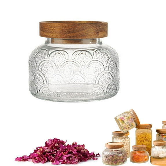 ZMKIAG Clear Embossed Glass Can with Wooden Lids, Vintage Relief Sealed Glass Storage Containers, Cute Airtight Kitchen Storage Jar for Sugar, Coffee, Tea, Spice, Candy and Cookie