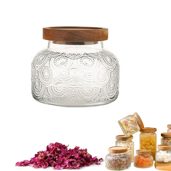ZMKIAG Clear Embossed Glass Can with Wooden Lids, Vintage Relief Sealed Glass Storage Containers, Cute Airtight Kitchen Storage Jar for Sugar, Coffee, Tea, Spice, Candy and Cookie