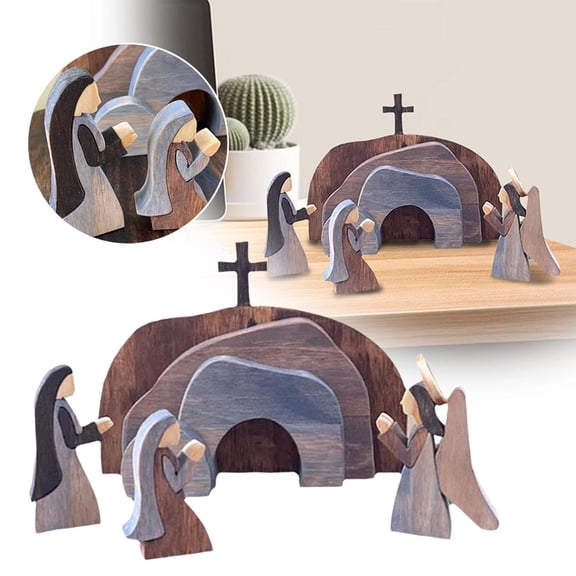 ZMKIAG Easter Resurrection Wooden Tomb Tray Decor - Religious Scene with Empty Tomb & Cross Accents, Handcrafted Desktop Display for Holy Week/Farmhouse Tabletop Decoration