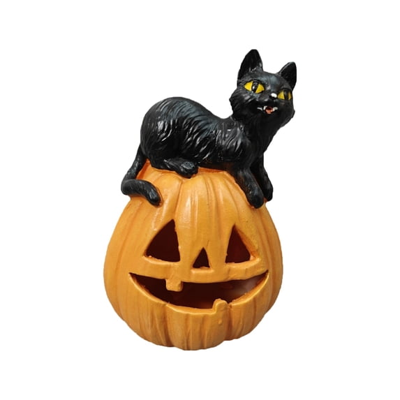 ZMKIAG Halloween Pumpkin Black Cat Figurine Resin Decor – Cute & Spooky Indoor/Outdoor Tabletop Decoration – Perfect for Porch, Mantel, Or Party Centerpiece – Durable & Weatherproof
