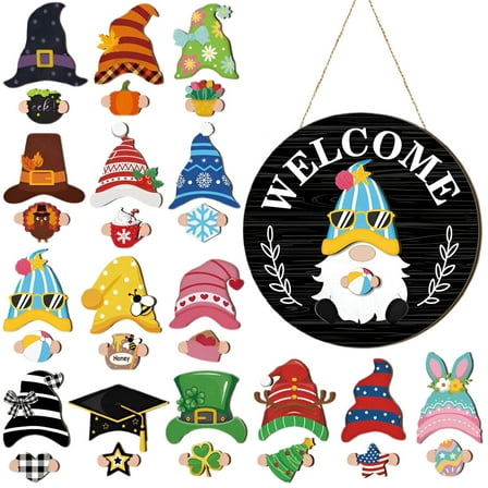 ZMKIAG Interchangeable Wooden Gnome Welcome Sign with Removable Hat - Holiday Season Decoration with Multiple Pieces for Home Christmas Decor and Front Door Display