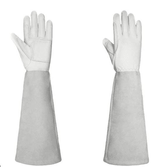 ZMKIAG Long Gardening Gloves, Cowhide Leather Rose Pruning Gloves, Breathable Thorn Proof Gauntlet Gloves, Resistant Thick Cowhide Leather Work Garden Gloves, White