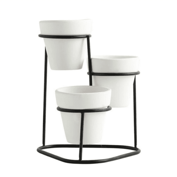ZMKIAG Triple Ceramic Planter with Metal Stand - Modern Indoor/Outdoor Plant Pot for Succulents/Herbs - 6" Black Frame White Containers (Drainage Holes Included)
