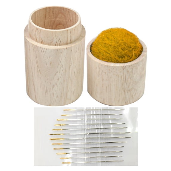 ZMKIAG Wooden Sewing Needle Holder Set with Pincushion Lid and 12 Embroidery Needles - Portable Pin Storage Case for Stitching, Hand Crafts and Knitting Supplies