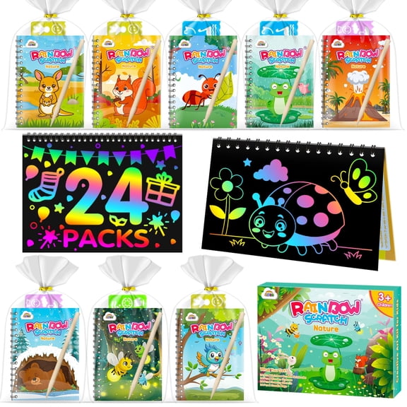 ZMLM 24 Pack Scratch Art Party Favors for Kids 4-8 Individually Wrapped Rainbow Notebooks, Mess-Free Goodie Bag Stuffers, Non-Candy, Classroom Prizes, Travel Crafts for Boys Girls(Nature)
