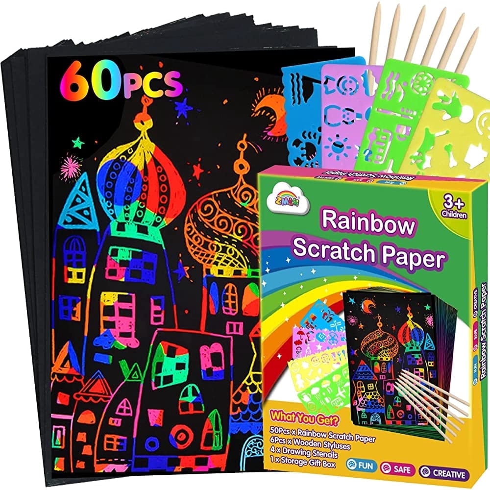 Pack De 48 Tarjetas De Rascar Navideñas WELLXUNK – Papel De Arte Arcoíris Con 12 Palos Y 48 Cintas, Manualidades DIY Para Decoración De Navidad