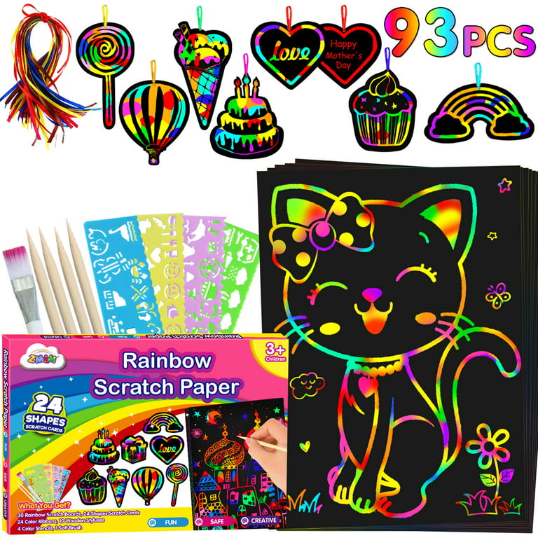 Mocoosy 60Pcs Scratch Art Paper for Kids, Rainbow Magic Scratch Off Paper  Art Craft Kit Black Scratch Sheets with 4 Stencils 5 Wooden Stylus for Birthday  Party Favors Game Activities Easter Gifts 