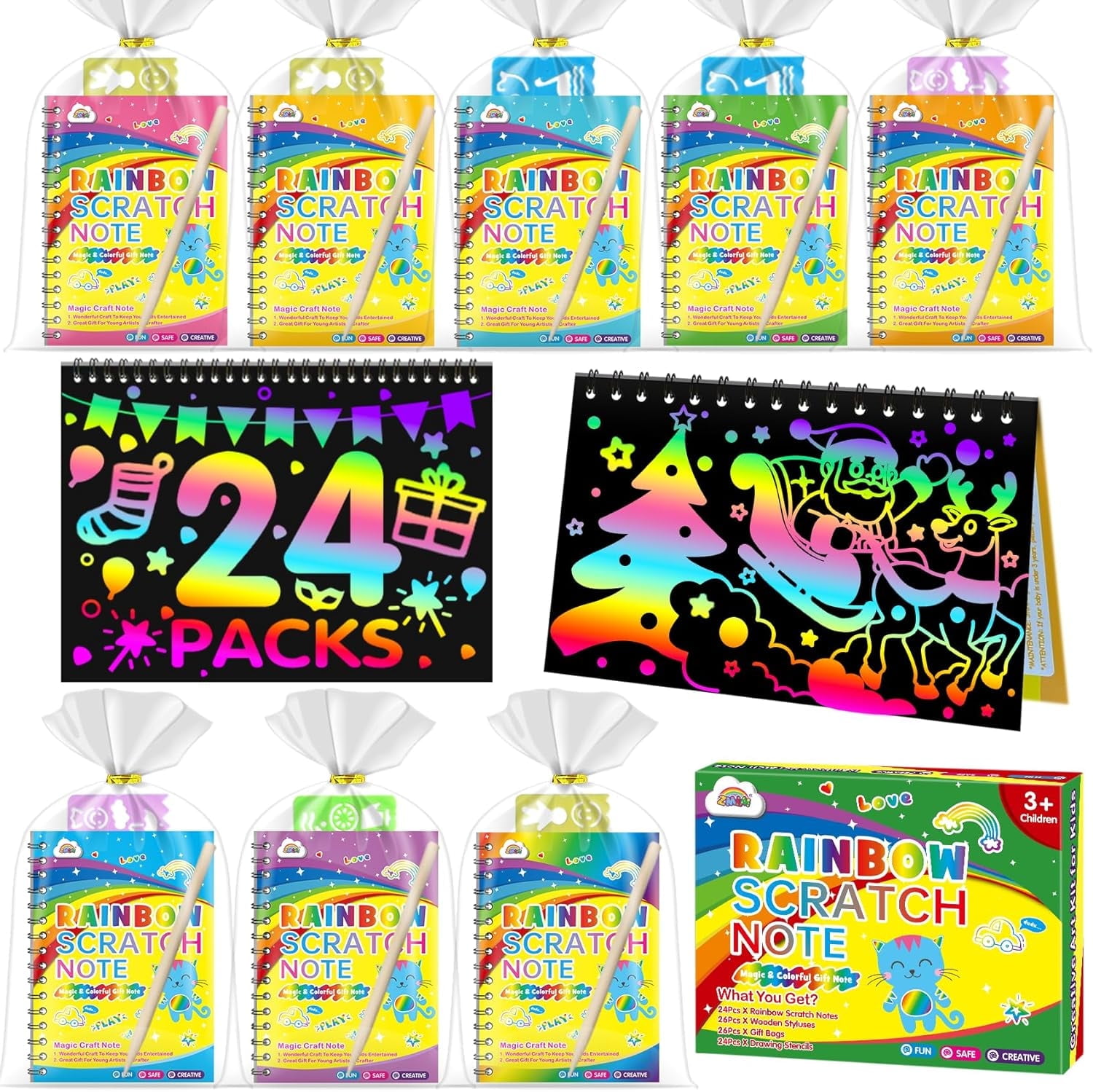 ZMLM Rainbow Scratch Party Favors Kids: Birthday Gifts Toy Bulk Scratch Art Notebook 24 Pack Birthday Goodie Bags Stuffers Girls Boys Art Craft Kit Pads Easter Classroom Prizes School